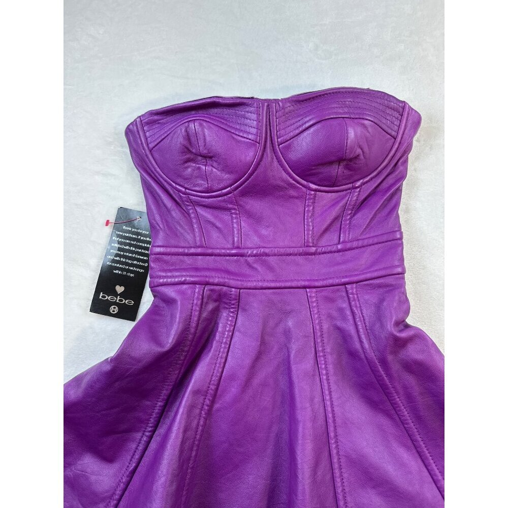 Bebe Purple Faux Leather Strapless High Low Dress Womens XXS NWT Y2K - Picture 14 of 15